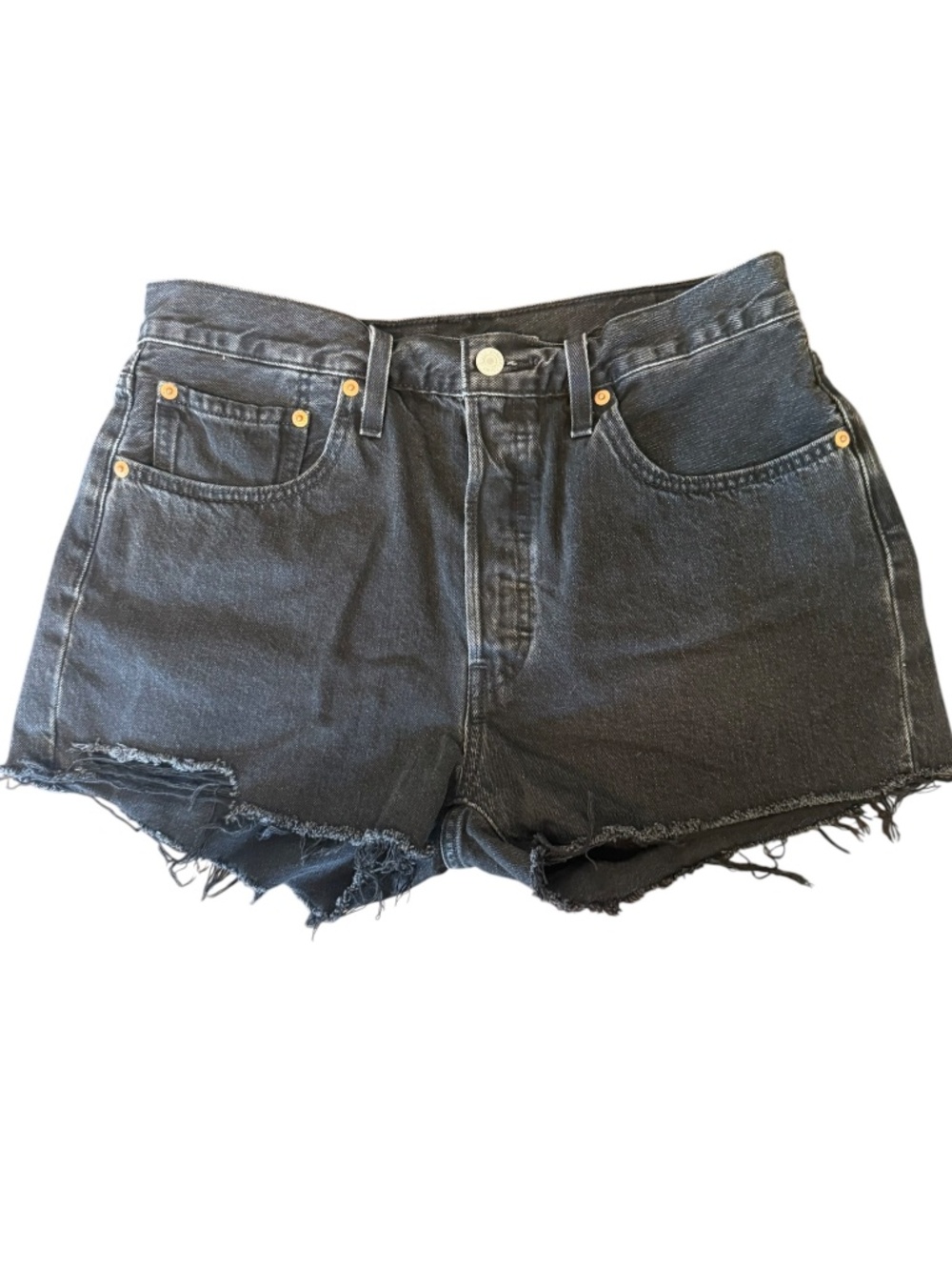 Levis 501 Original High Rise Button Fly Black Denim Cutoff Shorts‎ Womens 31